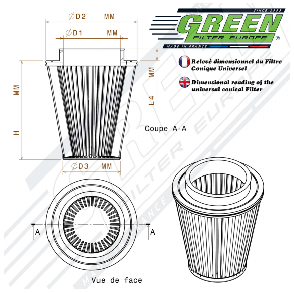 Conical filter dimensions